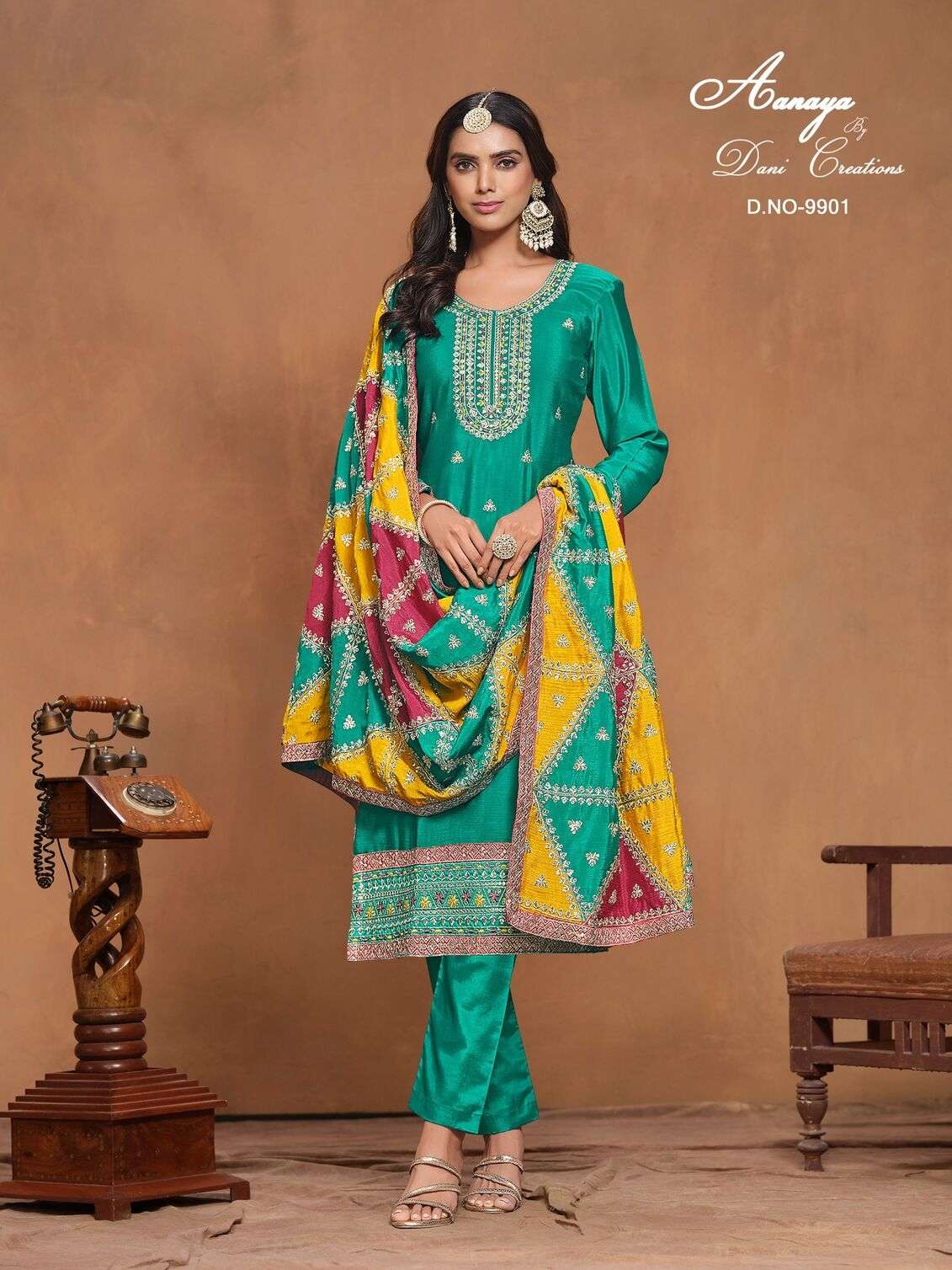 AANAYA VOL-199 BY TWISHA CHINON SILK UNSTICHED SALWAR SUITS WITH TRIANGLE SHAPE PATCH CRAFTING IN DUPATTA 