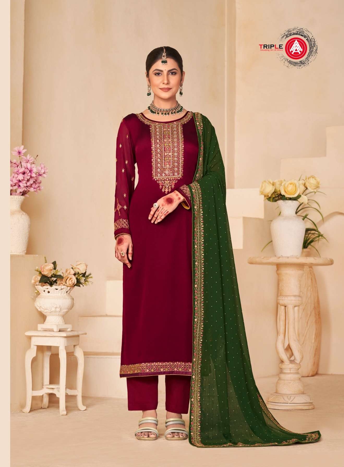 ANOKHI BY TRIPLE A PURE BELLA SILK WORK WITH JARKAN & SLEEVE WORK UNSTICHED SALWAR SUITS 