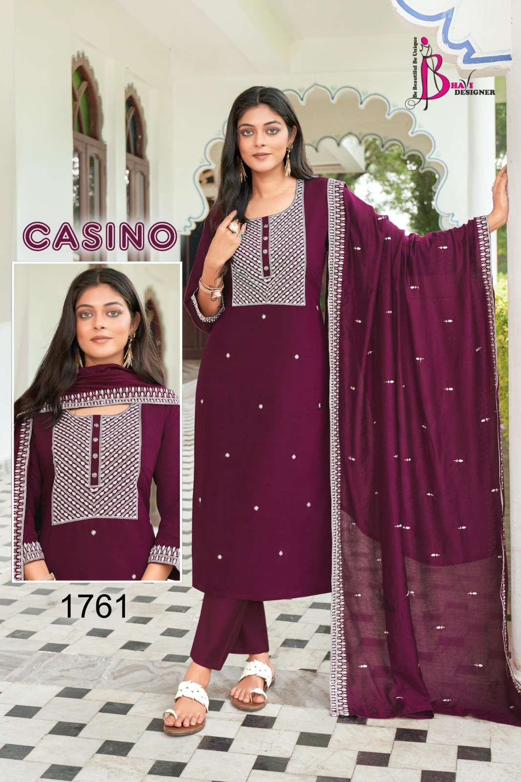 CASINO BY BHAVI DESIGNER TOP VETICAN EMBROIDERY PLUS HANDWORK KURTI PANT WITH CHANDERI DUPATTA 