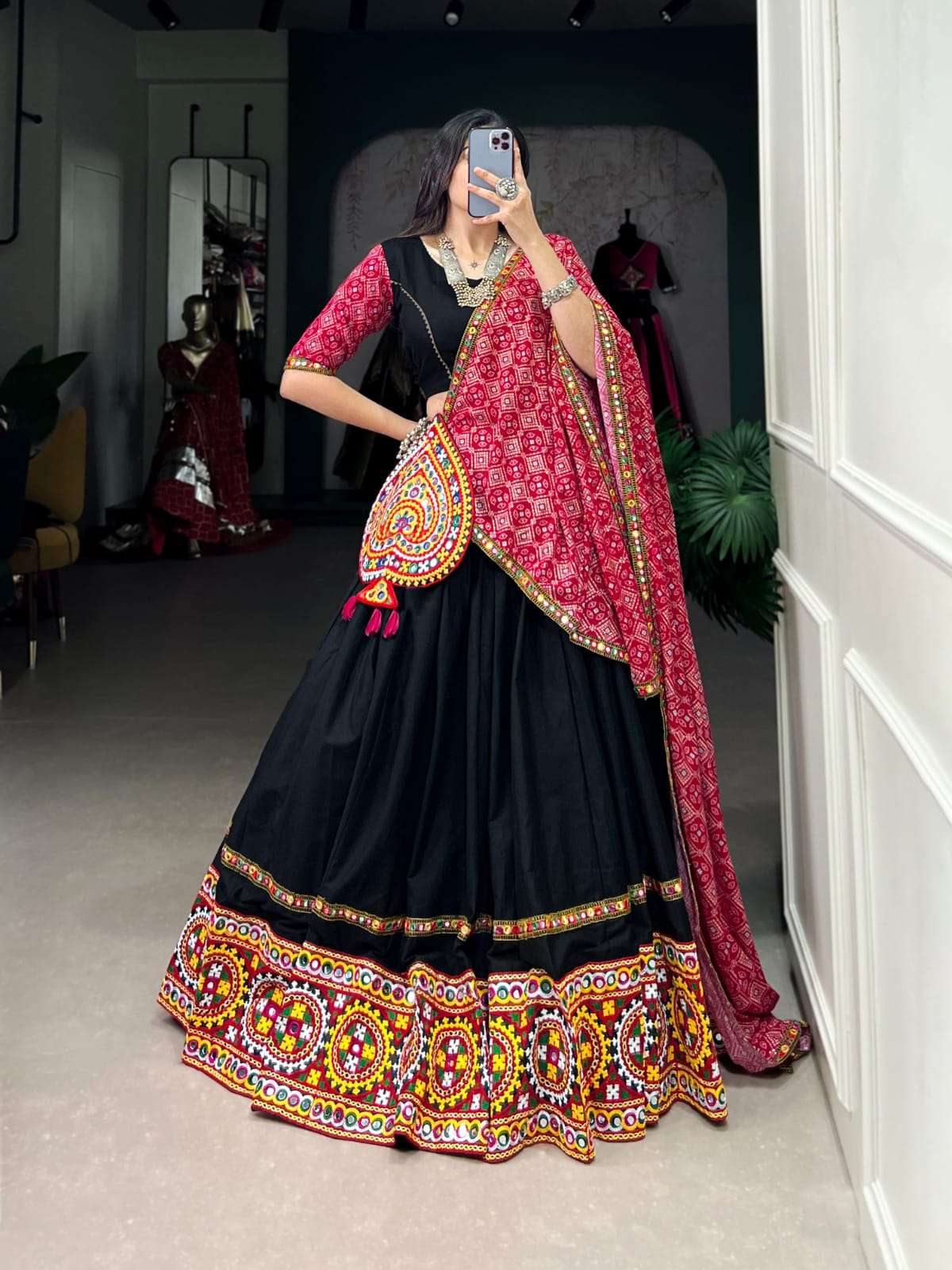 DESIGN NO-1721 BLK BY TEXOFAB PURE COTTON MIRROR WORK GOTA PATTI LEHENGA BLOUSE WITH DUPATTA 