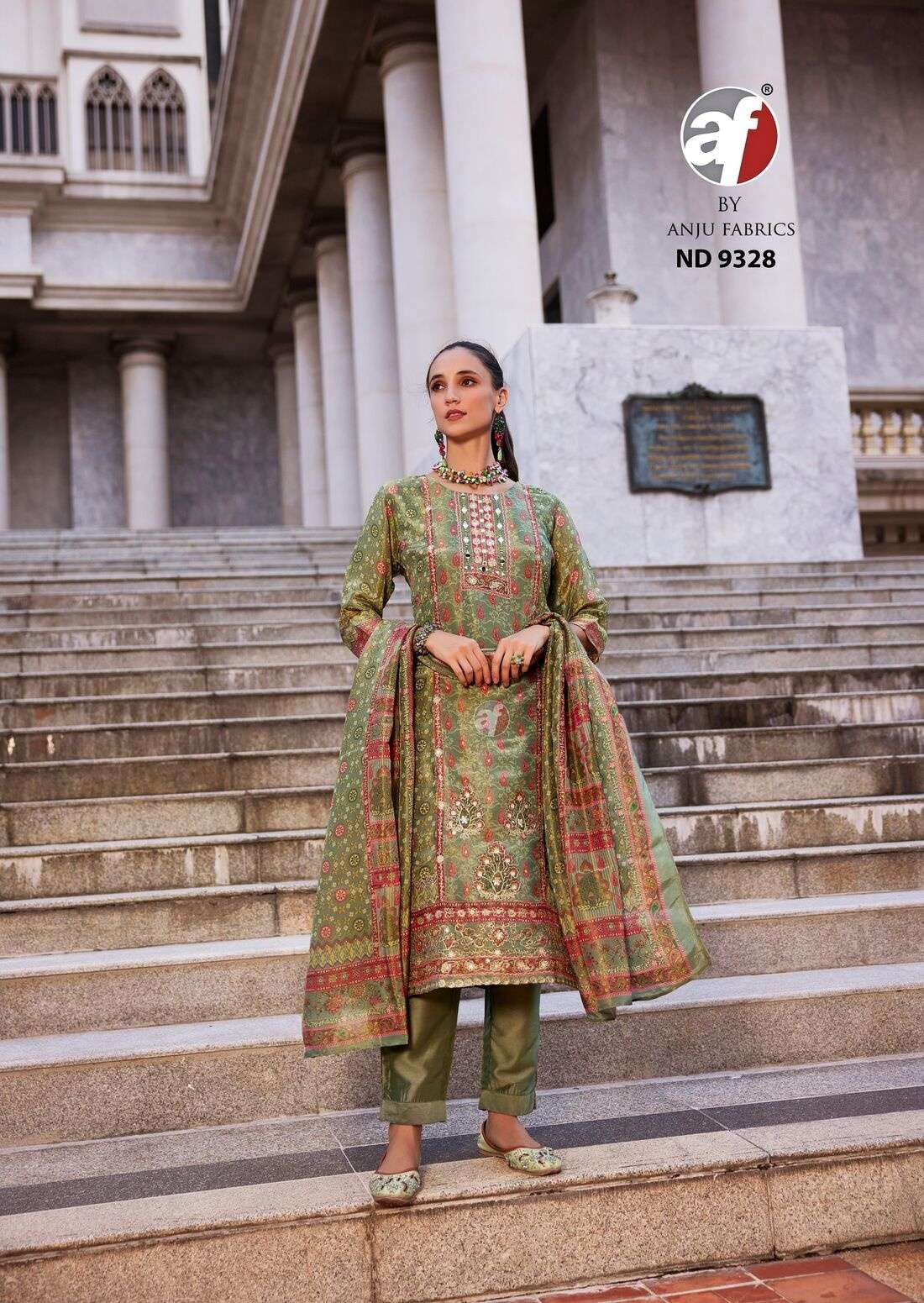 DESIGN NO- 9328 BY ANJU FABRICS TISSUE SHIMMER BLENDED PRINT HANDWORK KURTI PANT WITH DUPATTA 