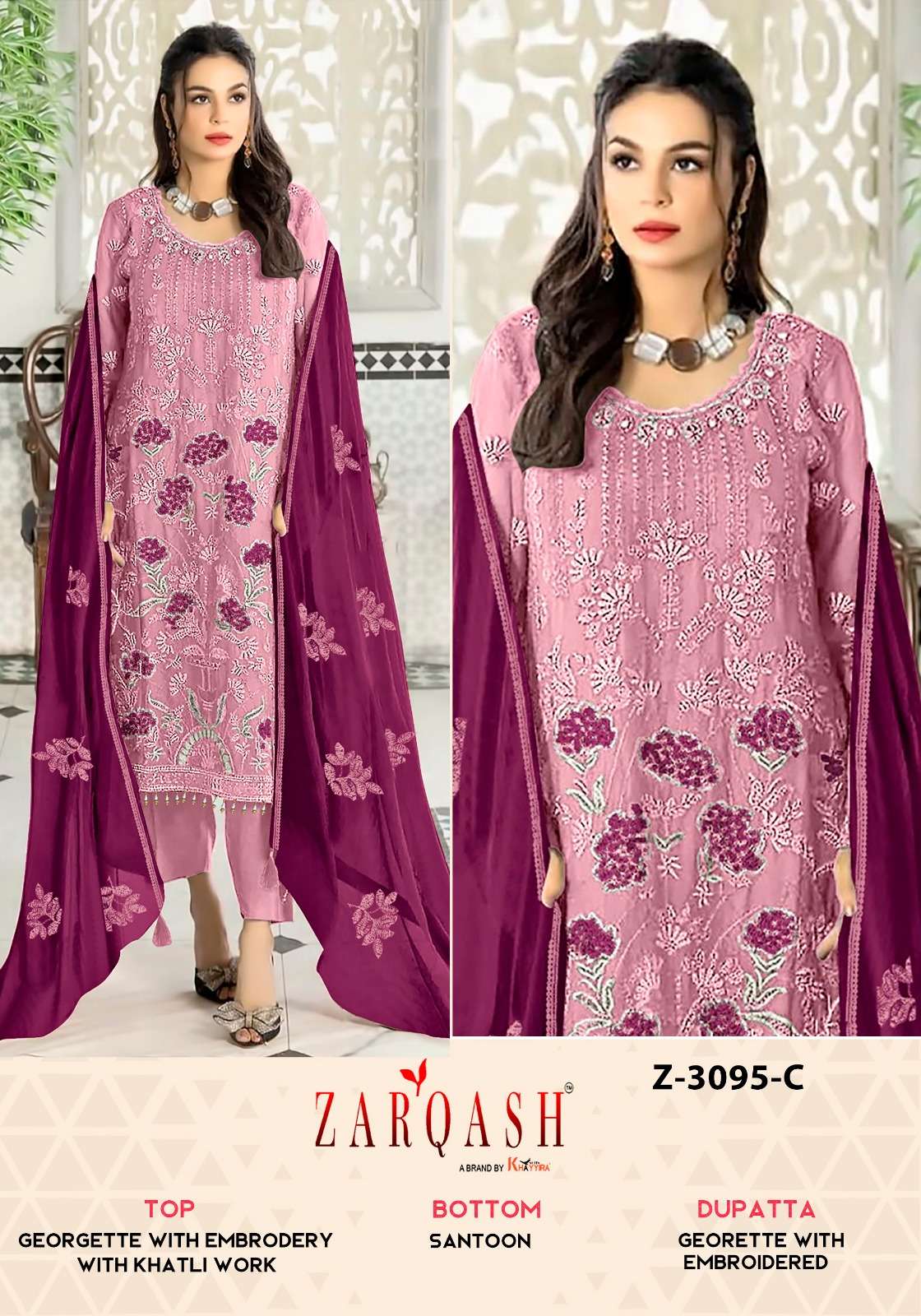 DESIGN NO-Z 3095 BY ZARQASH GEORGETTE FANCY HEAVY EMBROIDERY WORK UNSTICHED SALWAR SUITS 