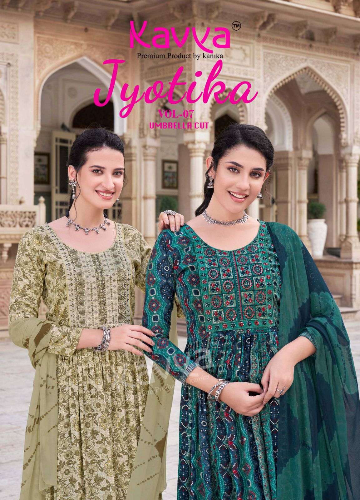 JYOTIKA VOL-7 BY KAVYA RAYON FABRIC UMBRELLA CUT V NECK PRINTED DESIGN SALWAR SUITS  