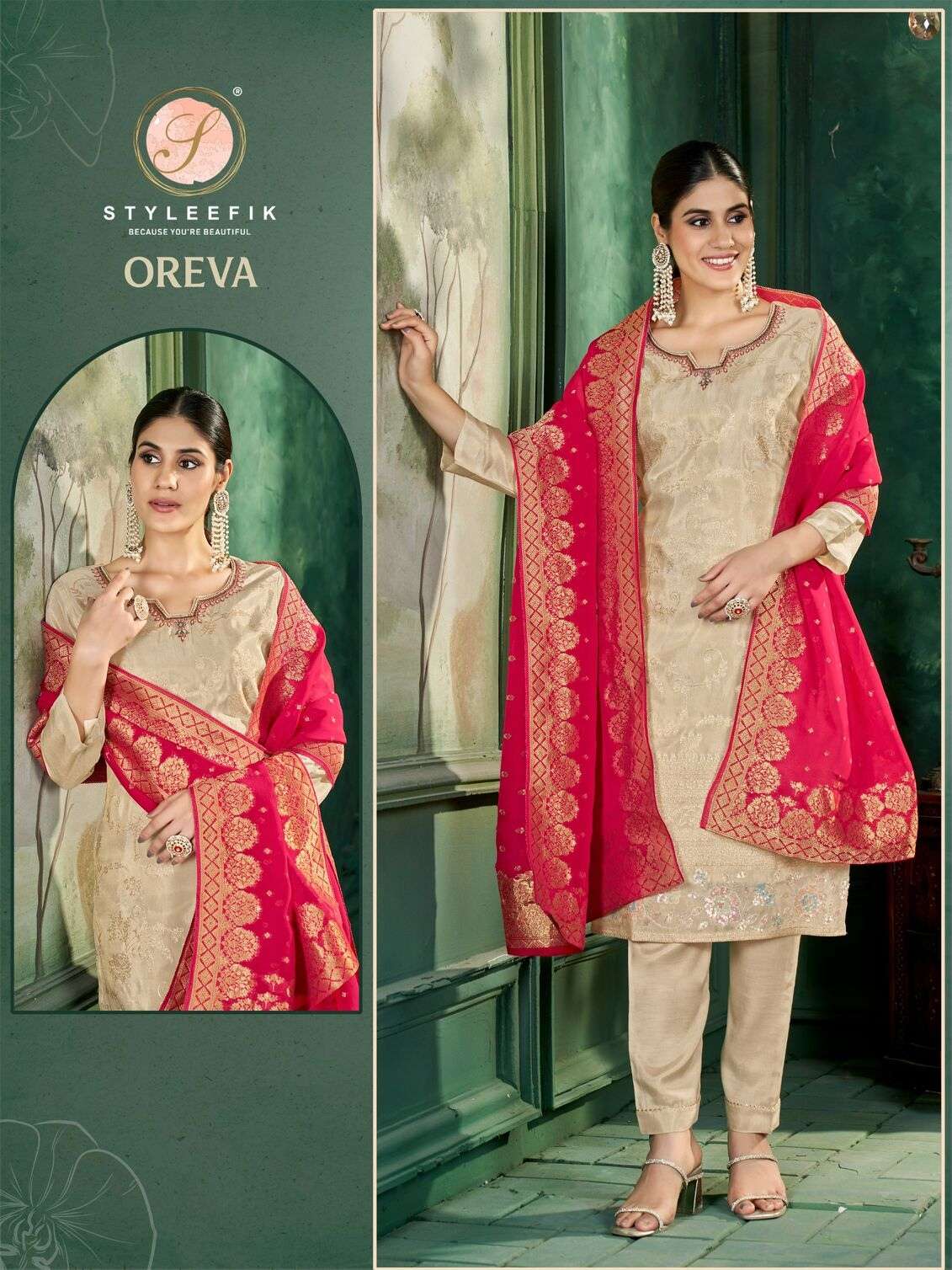 OREVA BY STYLEFIK PURE SIMMER SILK SELF JACQUARD HANDWORK ON YOCK UNSTICHED SALWAR SUITS 