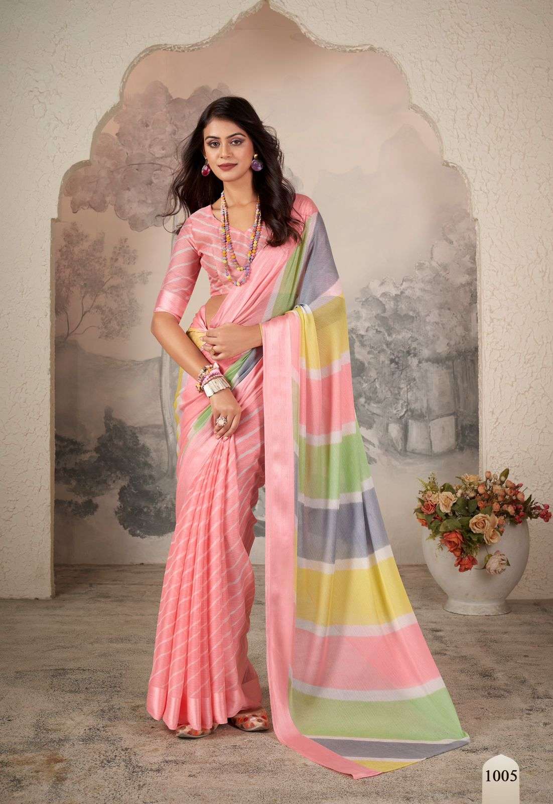 POM POM BY TEXOFAB PURE ZARI CHIFFON LEHRIYA PRINTED WITH SILVER WEAVING BORDER SAREES 