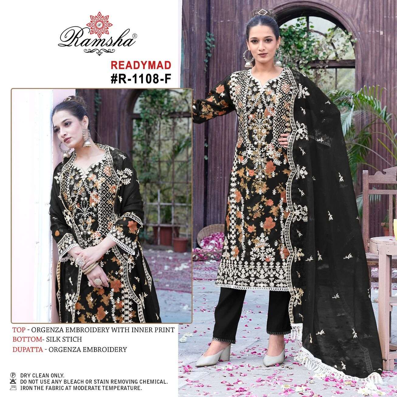 R-1108 NX BY RAMSHA ORGANZA EMBROIDERY WITH INNER PRINT KURTI PANT & DUPATTA  