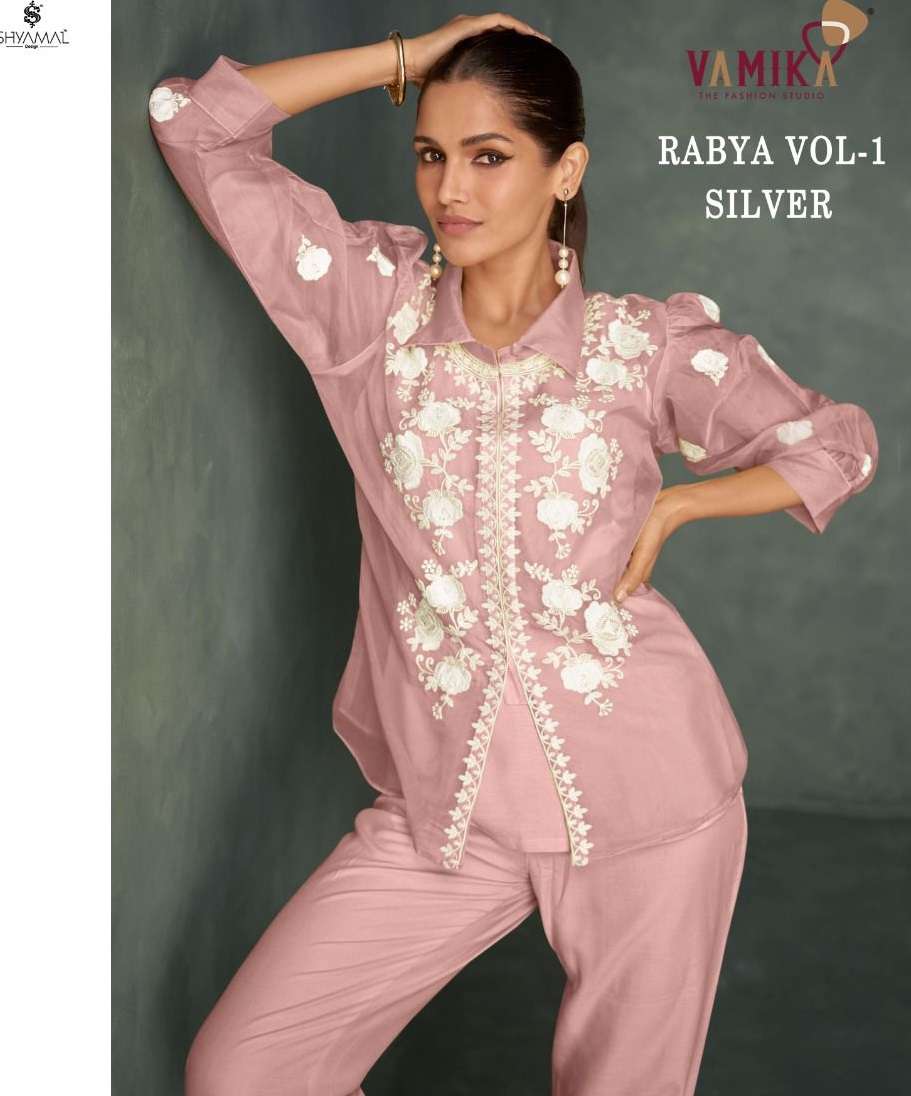 RABYA VOL-1 SILVER BY VAMIKA HEAVY ORGANZA WITH WHITE WORK STYLISH CO-ORD SETS 