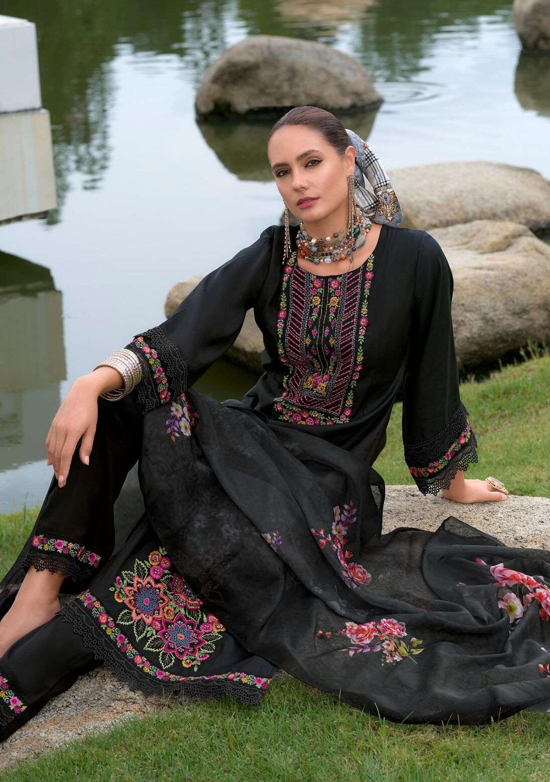 RIWAYAT VOL-2 BY LADY LEELA VISCOSE SILK EMBROIDERY HANDWORK BORDER KURTI PANT WITH DIGITAL PRINT DUPATTA 