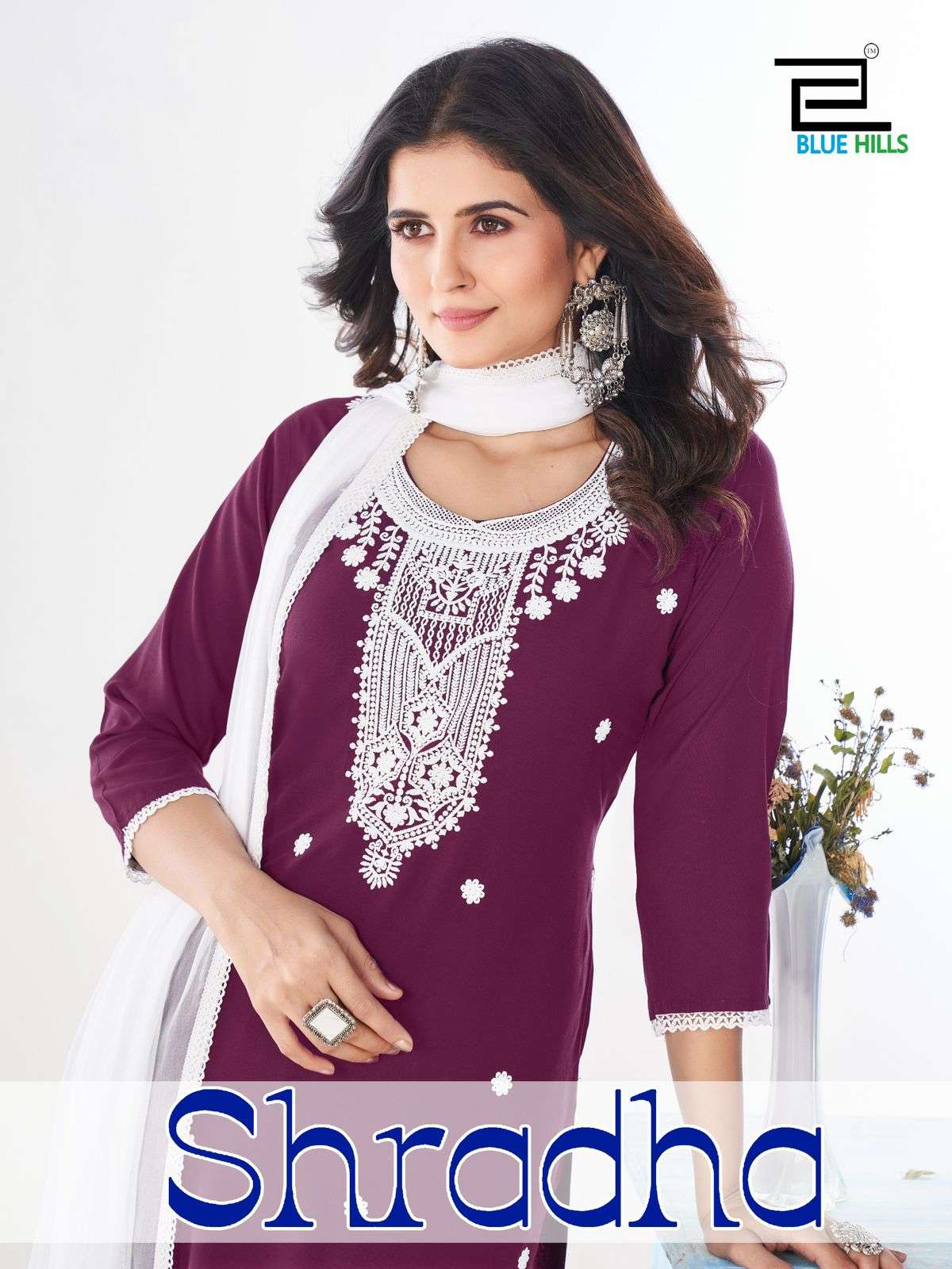 SHRADDHA BY BLUE HILLS RAYON FABRIC WHITE EMBROIDERY WORK STYLISH KURTI PANT WITH DUPATTA 