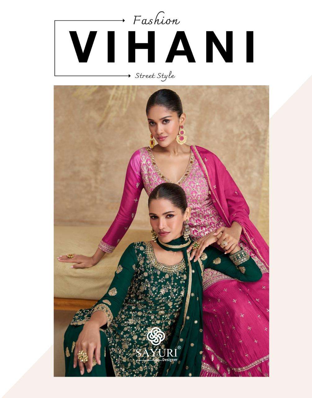 VIHANI BY SAYURI DESIGNER REAL CHINON SILK HEAVY EMBROIDERY WEDDING WEAR KURTI PLAZO WITH DUPATTA 