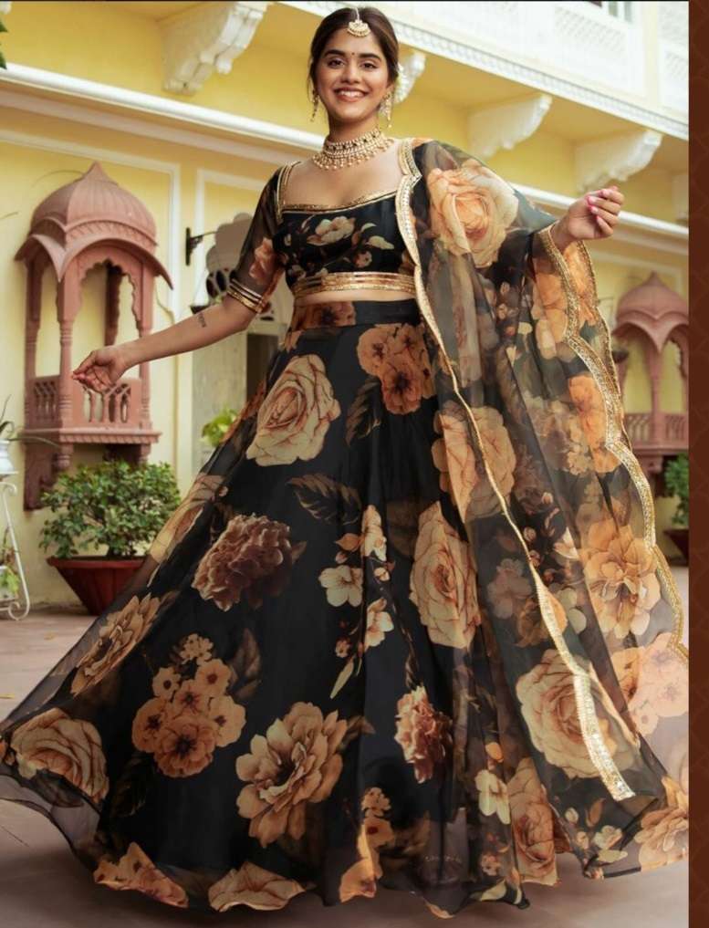 VOLUME- 23 BY TEXOFAB STYLISH FLORAL DIGITAL PRINT WITH EMBROIDERY GOTA PATTI WORK LEHENGA BLOUSE WITH DUPATTA 