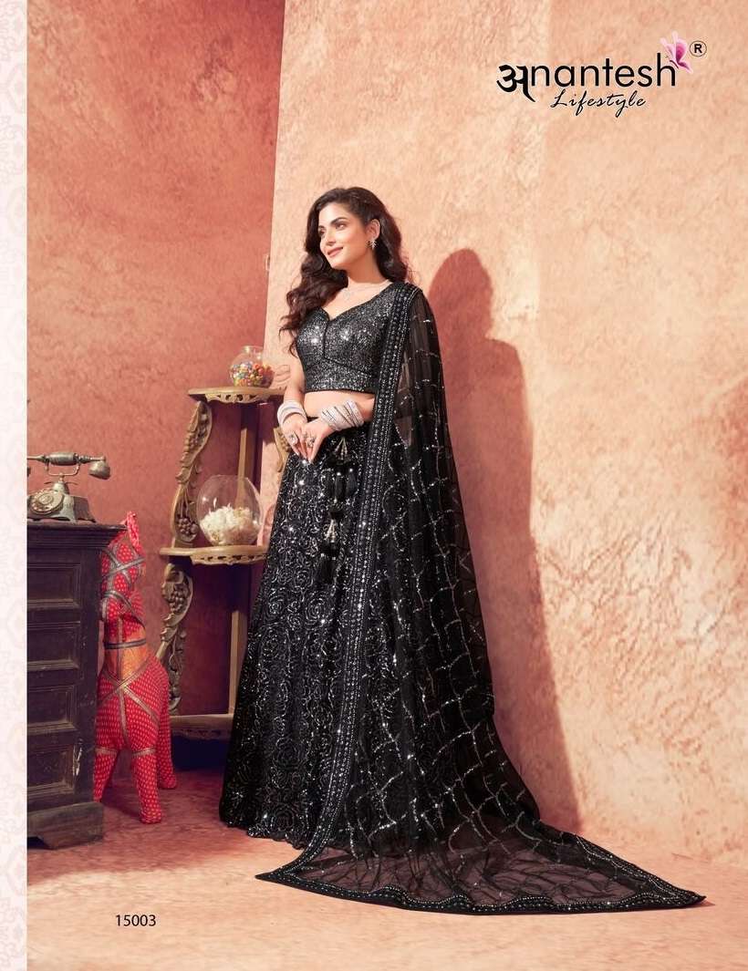 WOMEN IN BLACK SERIES 15001 TO 15003 BY ANANTESH LIFESTYLES BLACK COLOUR SEQUENCE WORK PARTY WEAR LEHENGA BLOUSE WITH DUPATTA