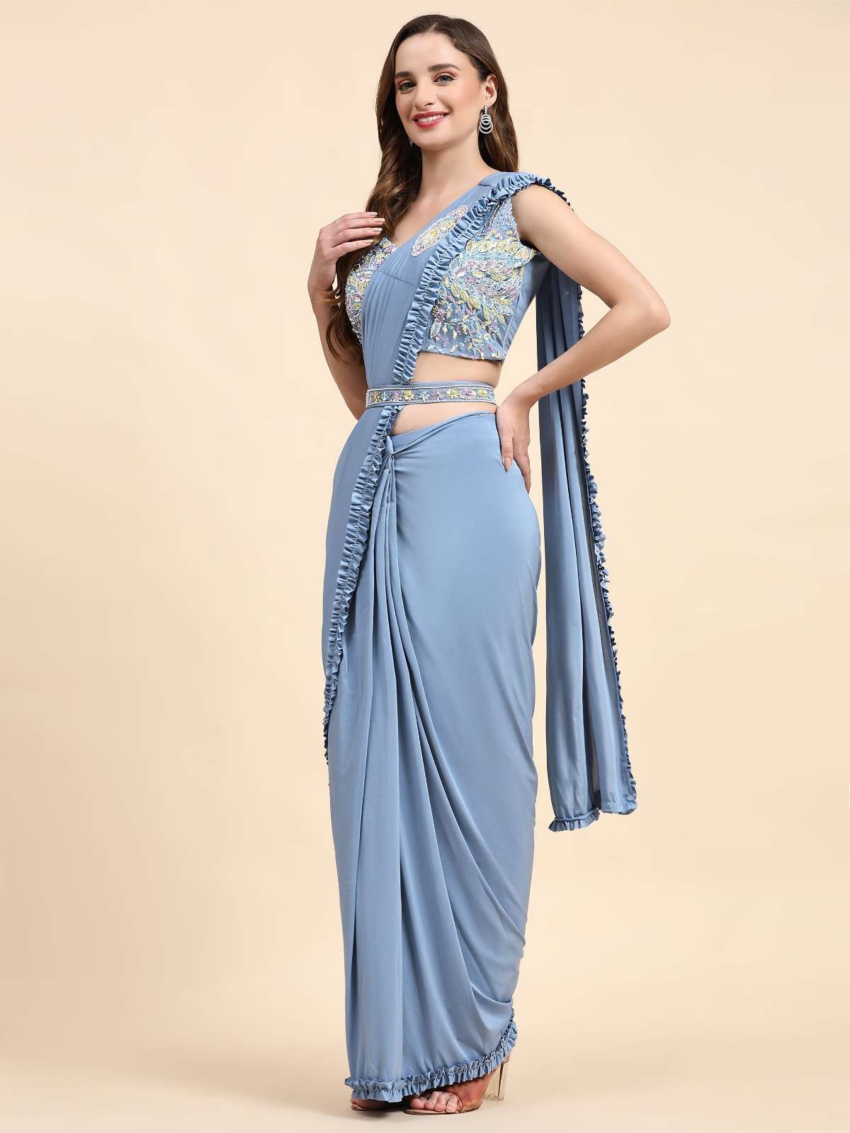 LUCACCI DESIGNER D-101888 READY TO WEAR SAREES  IMPORTED FABRIC AND FRILLED BORDER WITH HANDWORK BELT 