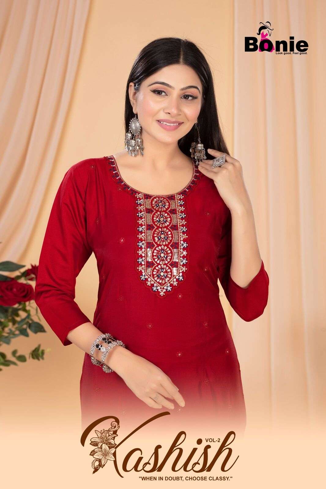 KASHISH VO-2 BY BONIE IN  ROMAN SILK STRAIGHT KURTI WHIT HAND WORK 