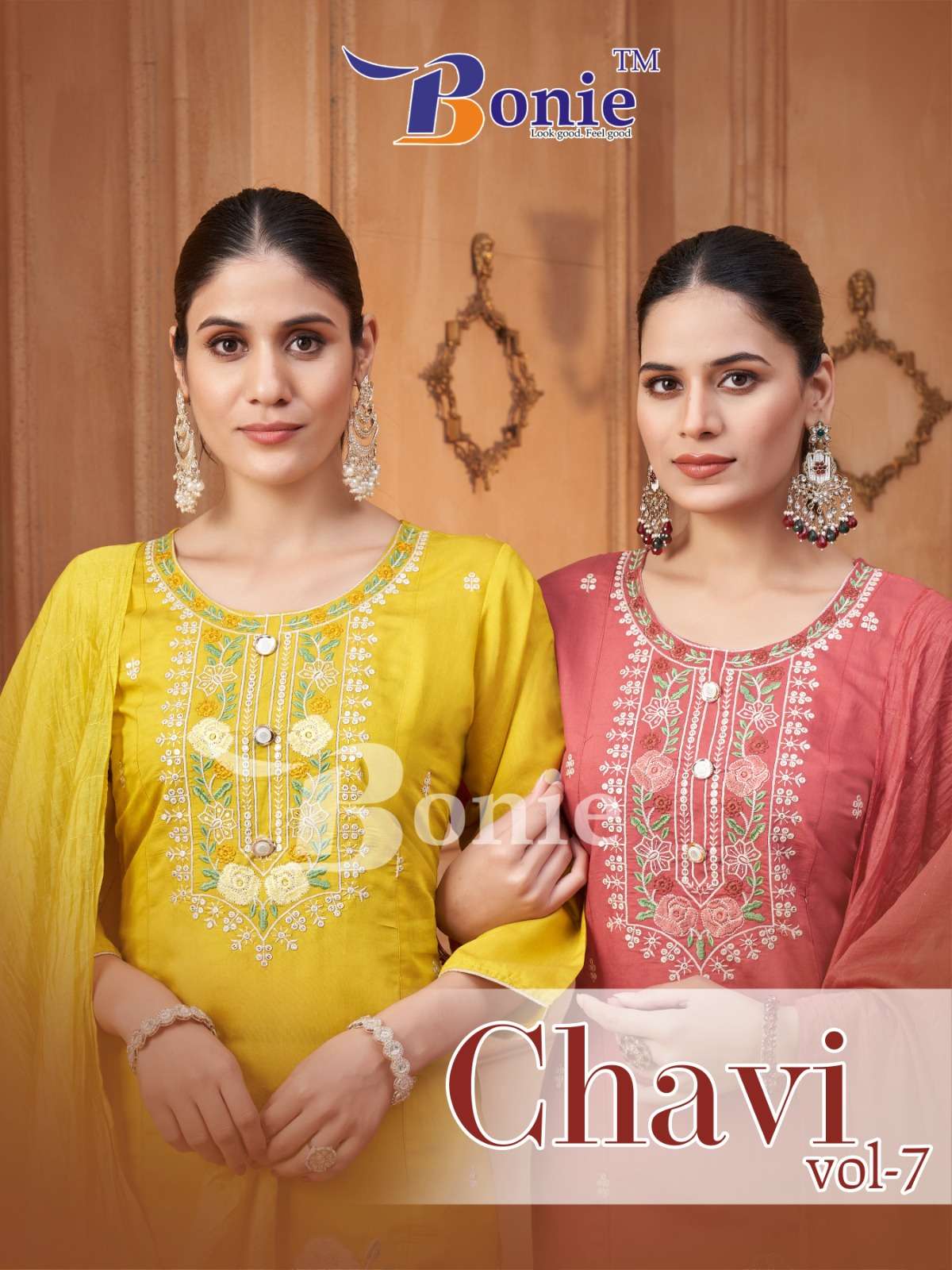 CHAVI VOL-7 BY BONIE BRAND KURTI PANT DUPATTA IN ROMAN SILK WITH EMBROIDERY WORK