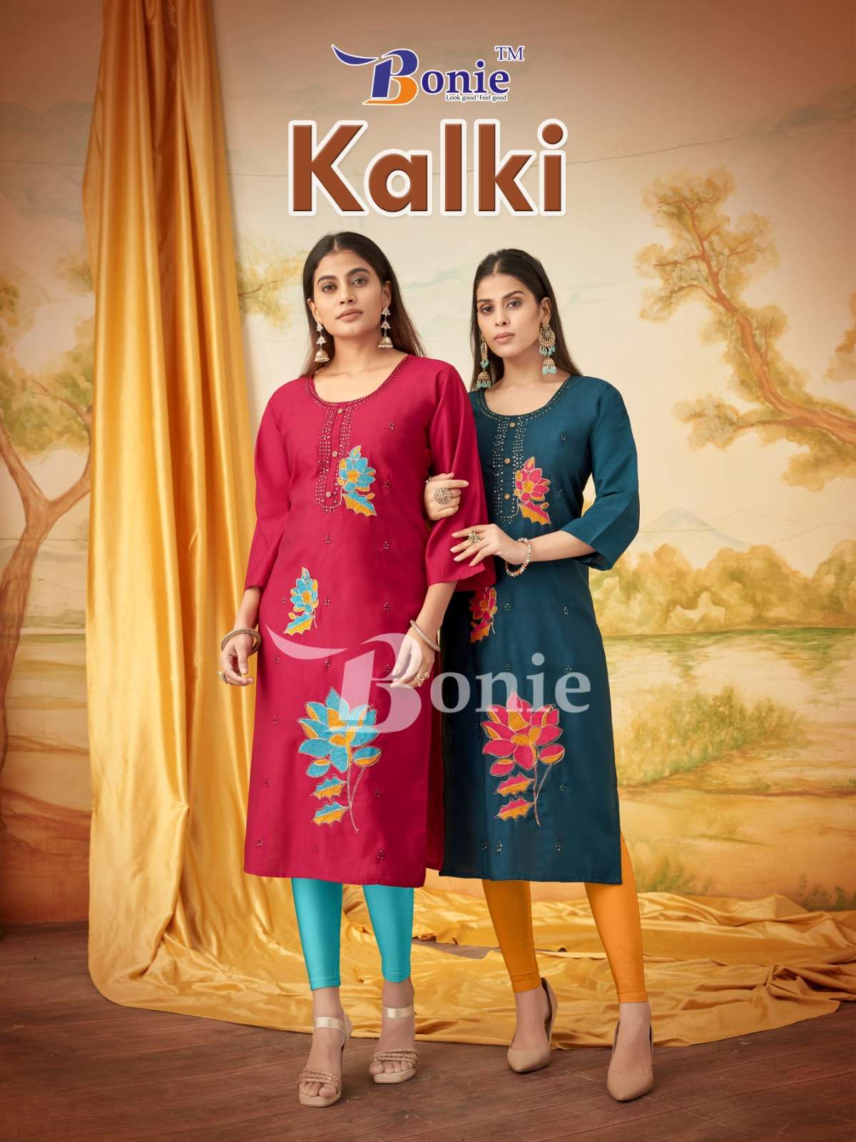 KALKI BY BONIE BRAND IN VERTIGAN APLIC WORK KURTIES REDYMADE CATALOGUE