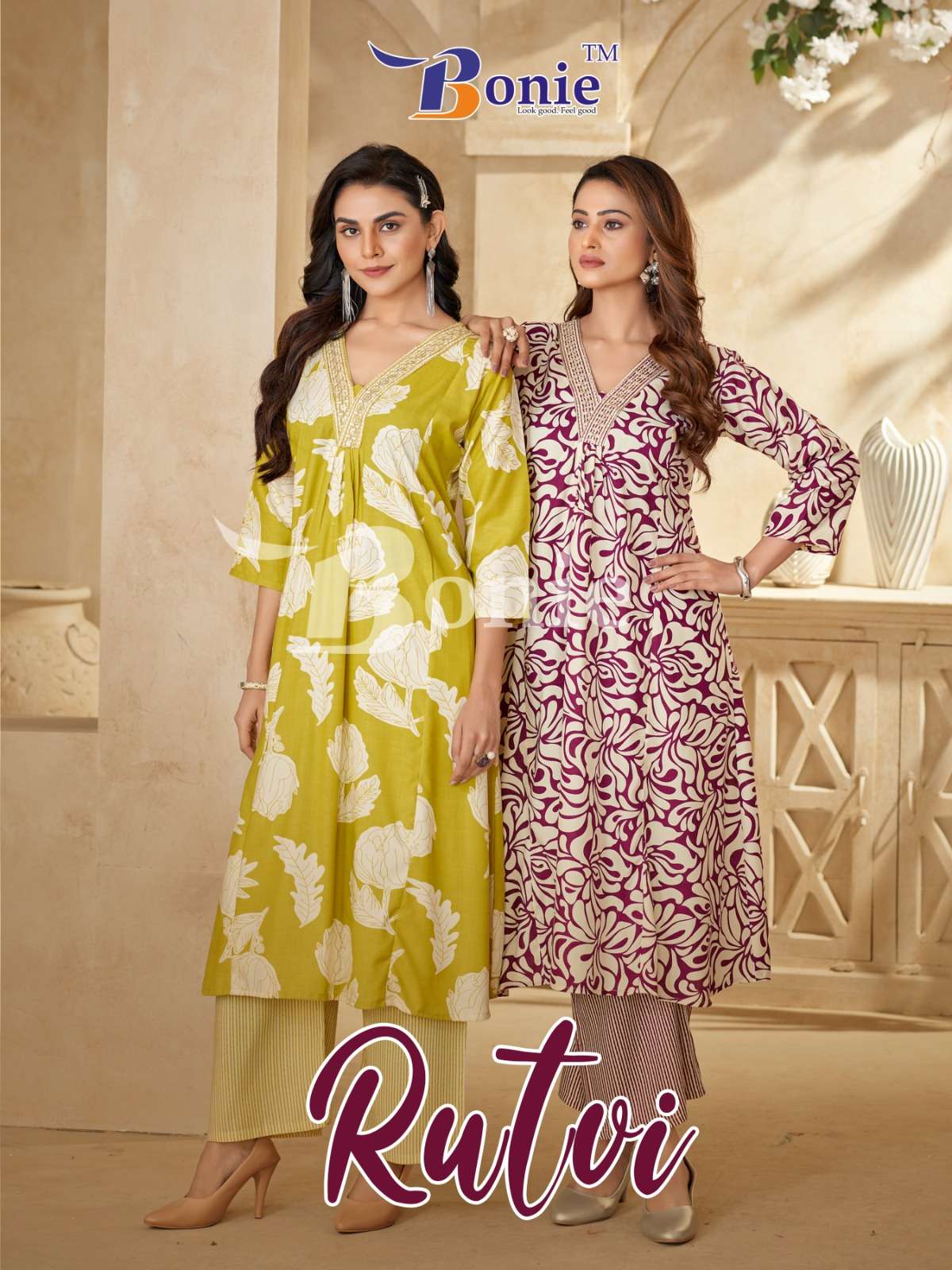 RUTVI VOL 1 BY BONIE BRAND IN LIVA PRINTS KURTI PLAZZO WITH EMBROIDERY WORK IN TOP