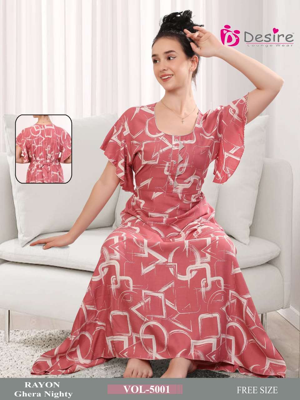 D.NO :- 5002 BY DESIRE LOUNGE WEAR PREMIUM SERIES RAYON GHERA NIGHTY 