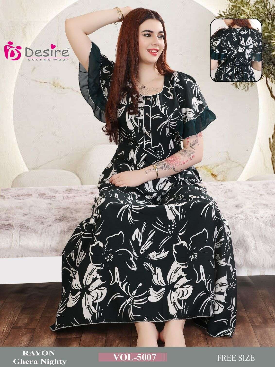 D.NO :- 5007 BY DESIRE LOUNGE WEAR PREMIUM SERIES RAYON GHERA NIGHTY 