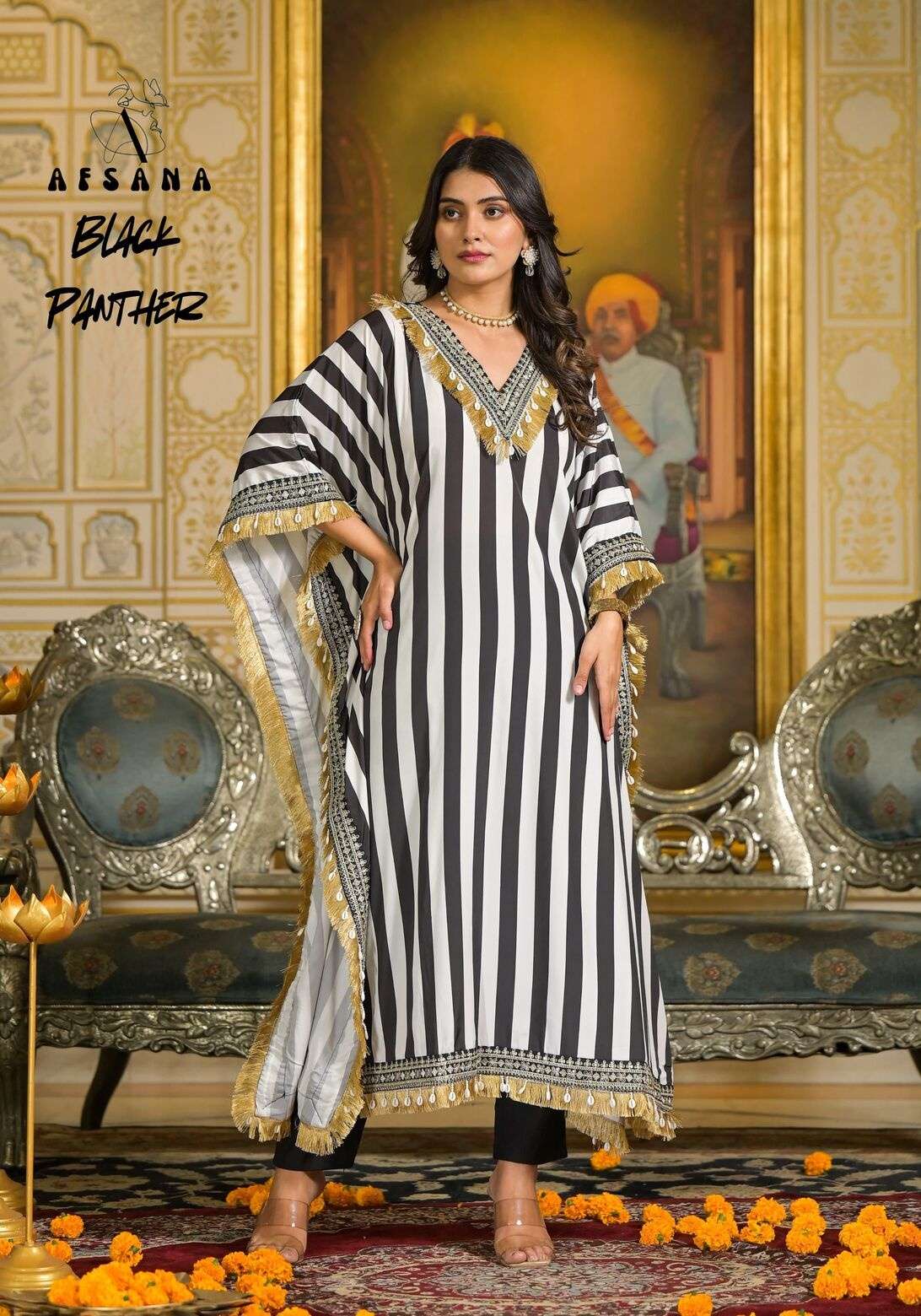 BLACK PANTHER BY AFSANA IN FRENCH FABRICS KAFTAN WITH WORK 