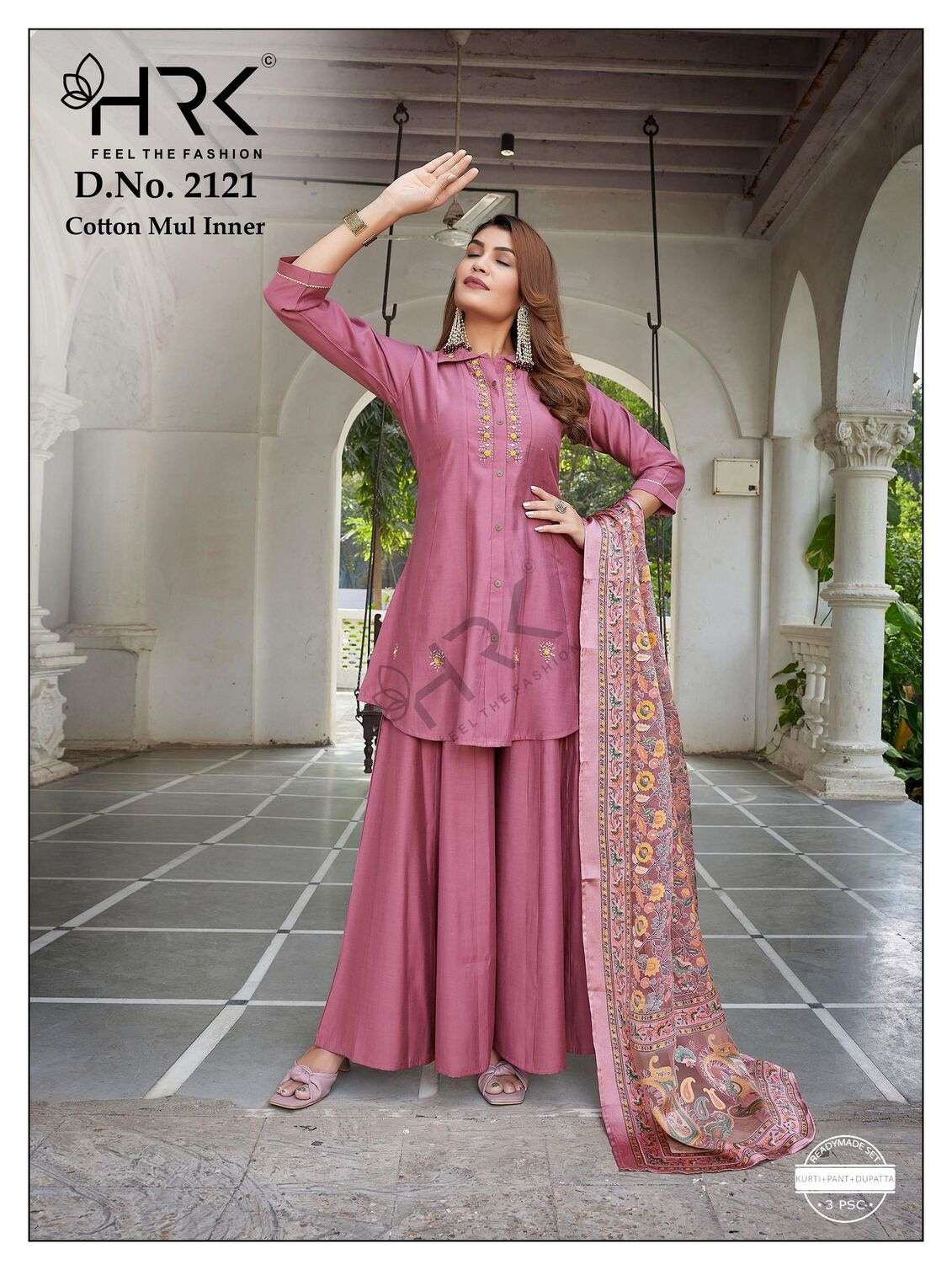 D.NO :- 2121 BY HRK IN SOFT ROMAN SILK WITH EXCLUSIVE HAND WORK TOP PLAZZO STYLE