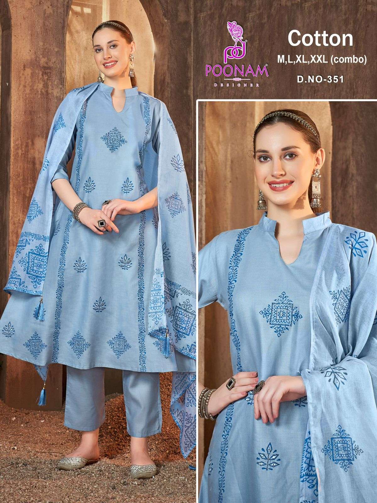 D.NO :- 351 TO 354 BY POONAM DESIGNER IN COTTON A LINE GOWN WITH FRONT FULL HANDWORK 