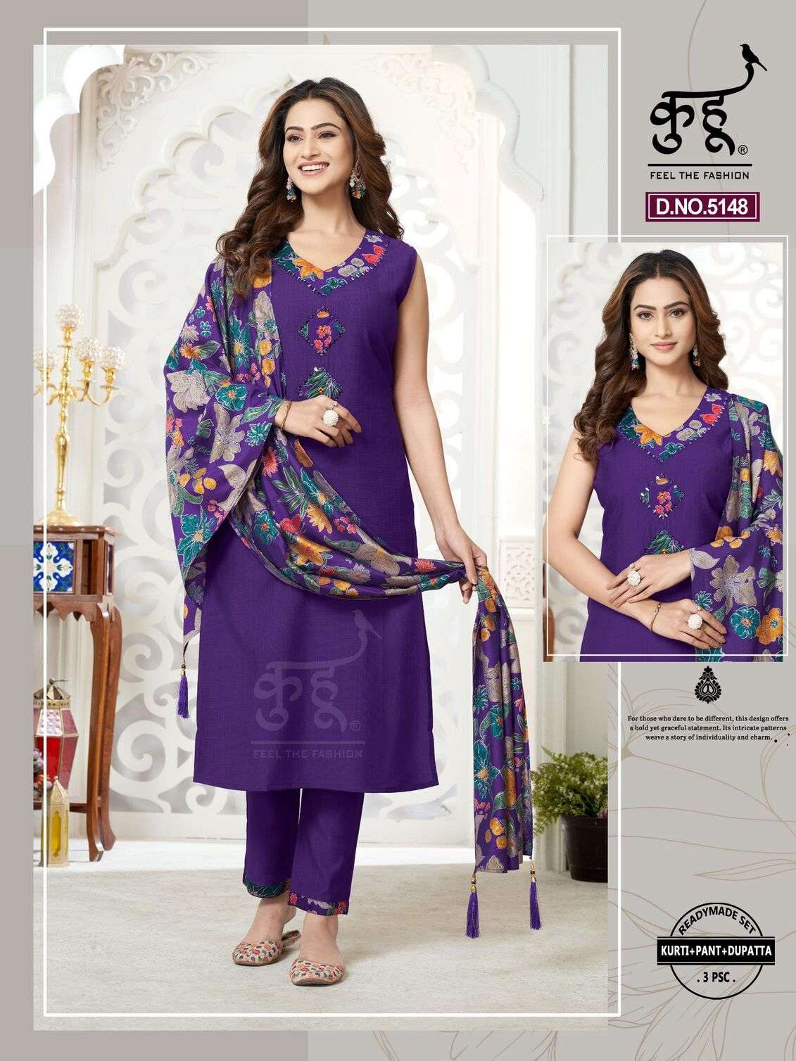 D.NO :- 5148 TO 5151 BY KUHOO IN FANCY FABRIC READYMADE SET KURTI PANT DUPATTA
