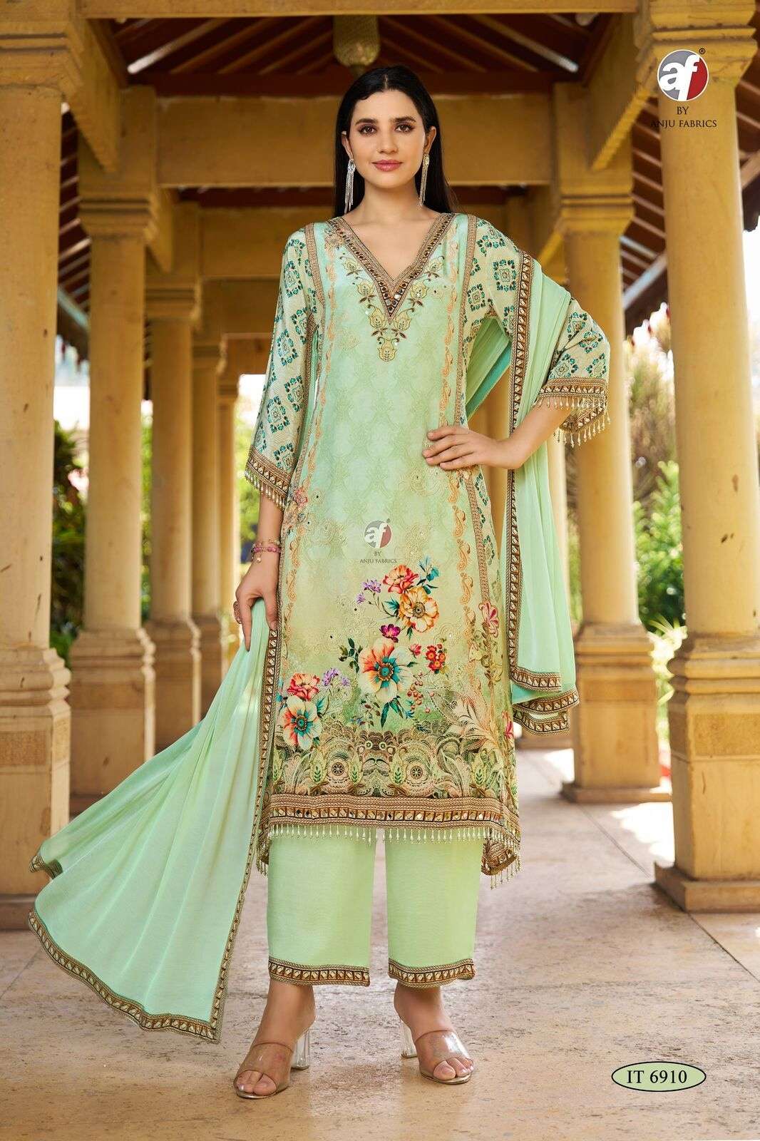 D.NO :- IT 6910 BY ANJU FABRICS IN PURE NATURAL CREPE TALE CUT KURTI WITH  PANT & DUPATTA