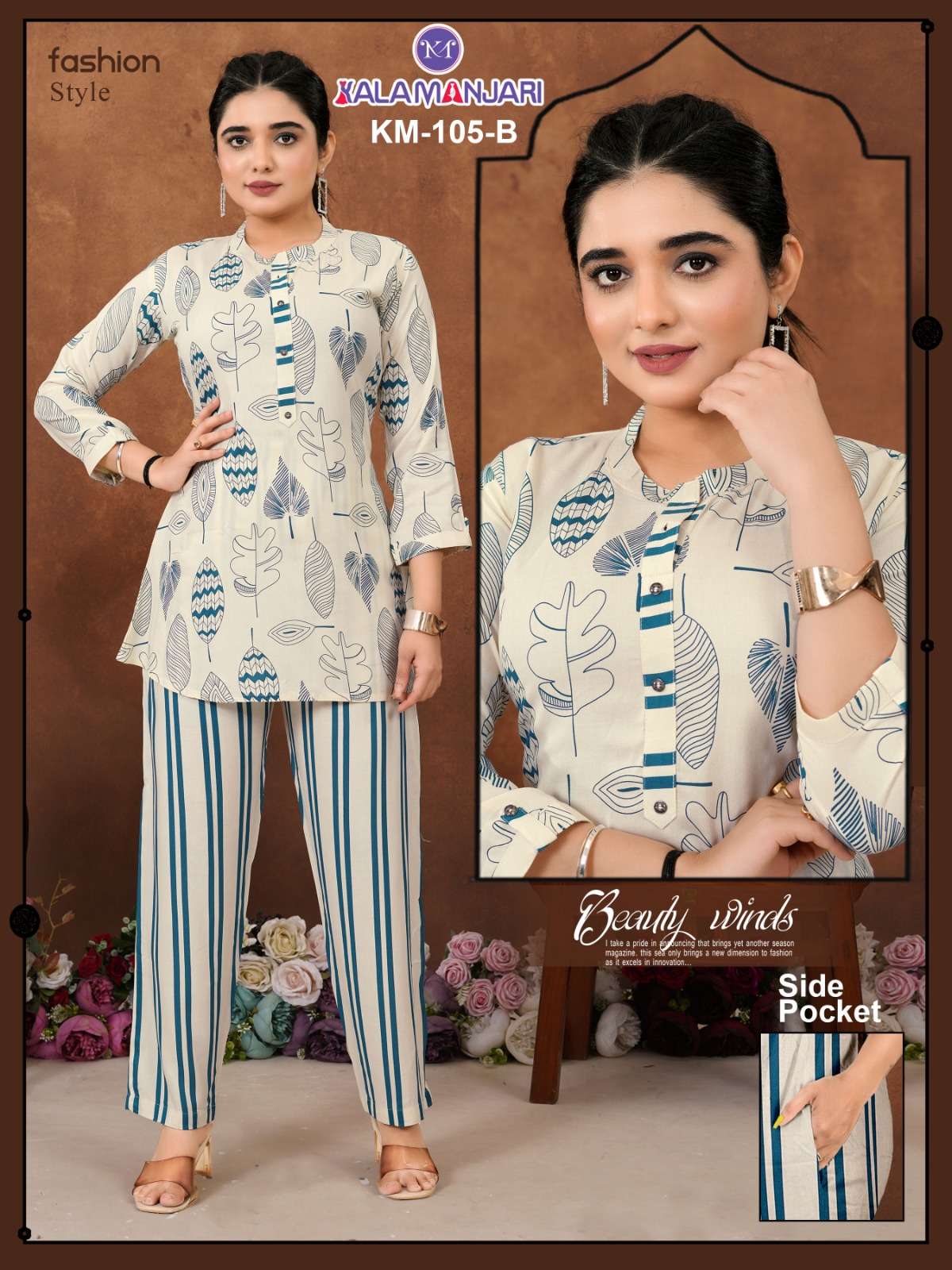 D.NO:-KM 105 BY KALAMANJARI IN PREMIUM RAYON PRINT WITH LIVE TAG CO-ORD SET