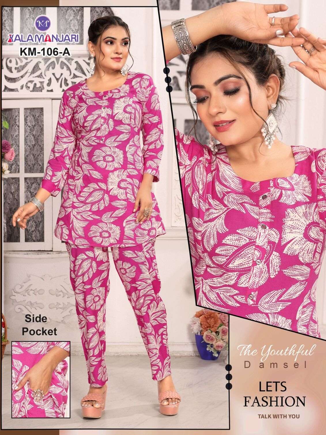 D.NO:-KM 106 BY KALAMANJARI IN PREMIUM RAYON PRINT WITH LIVE TAG CO-ORD SET
