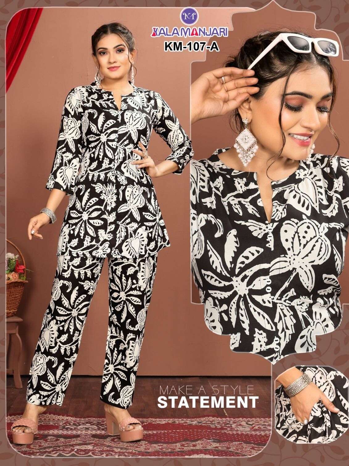 D.NO:-KM 107 BY KALAMANJARI IN PREMIUM RAYON PRINT WITH LIVE TAG CO-ORD SET