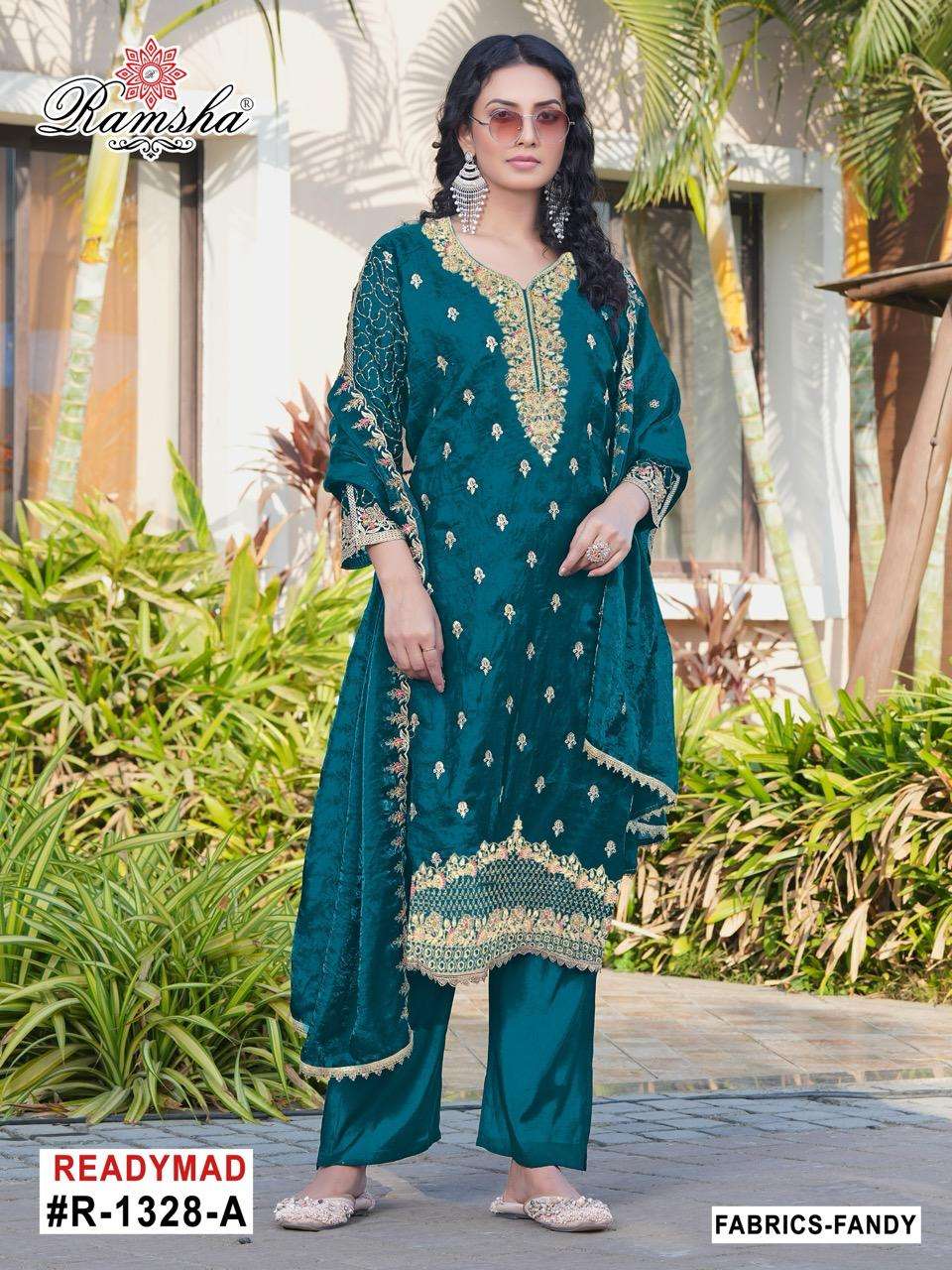 D.NO :- R-1328 BY RAMSHA IN FANDY FABRICS WITH SILK STEACH BOTTOM