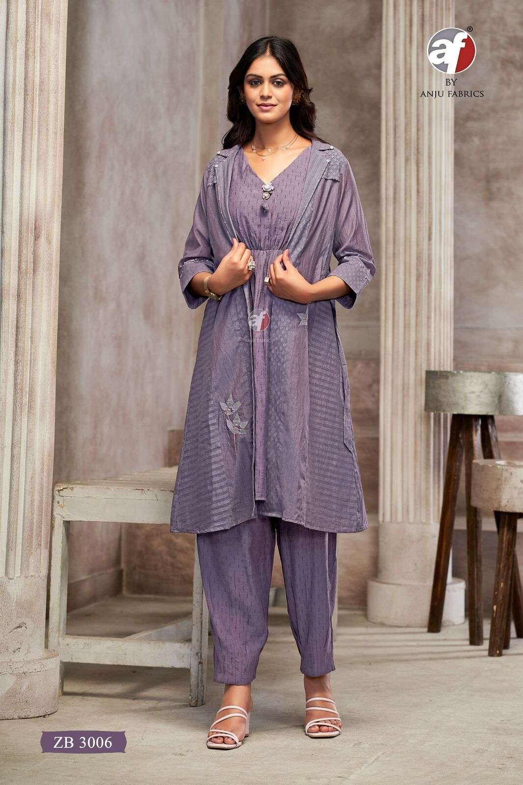 D.NO:- ZB 3006 BY ANJU FABRICS IN MUL CHANDERI DESIGNER CO-ORD SET WITH EMBROIDERY WORK 