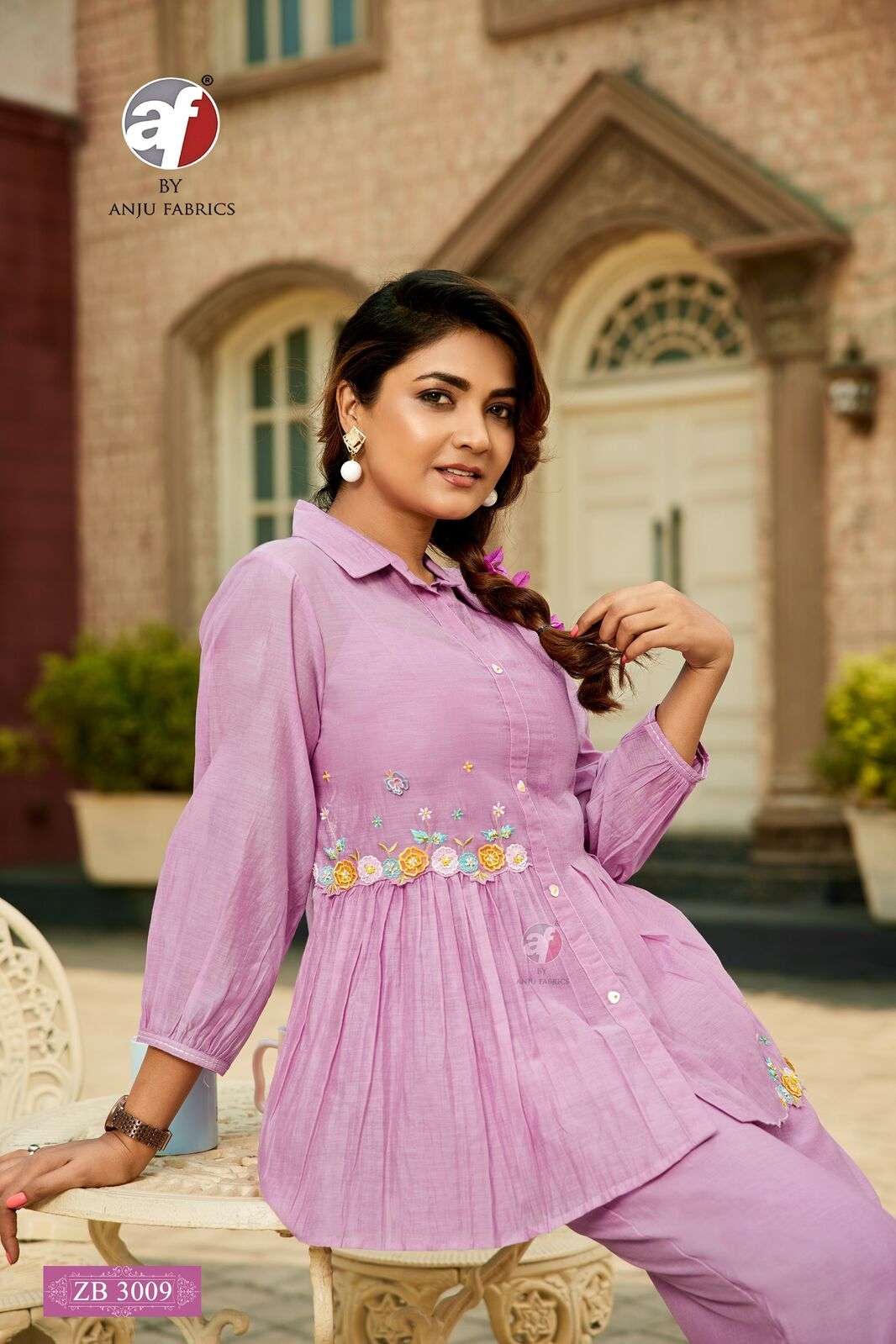 D.NO :- ZB 3009 BY ANJU FABRICS IN MUL CHANDERI DESIGNER CO-ORD SET WITH EMBROIDERY WORK