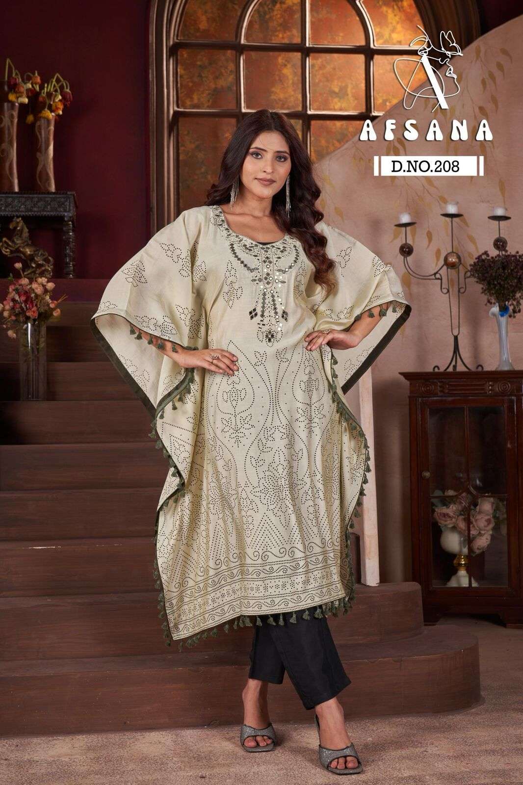 DN :- 208 BY AFSANA IN MODAL SILK KAFTAN WITH WORK 
