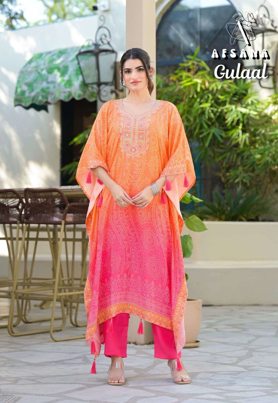 GULAAL BY AFSANA IN PURE MUSLIN SILK KAFTAN WITH WORK 