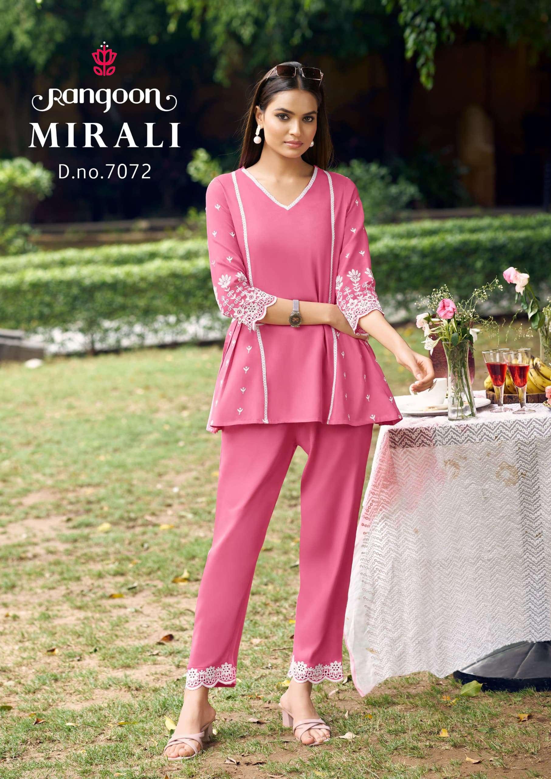 MIRALI BY RANGOON IN VISCOSE RAYON WITH FANCY CHIFFLY WORK AND LACE COAT SET 
