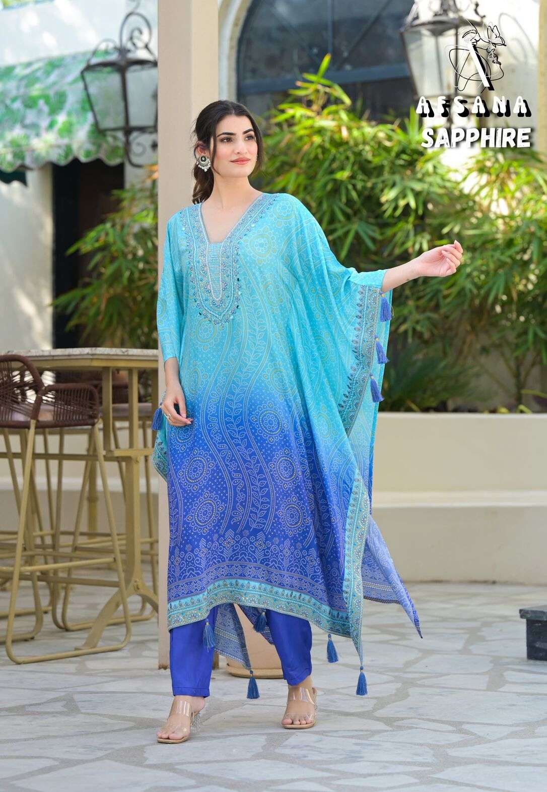 SAPPHIRE BY AFSANA IN PURE MUSLIN SILK KAFTAN WITH WORK 