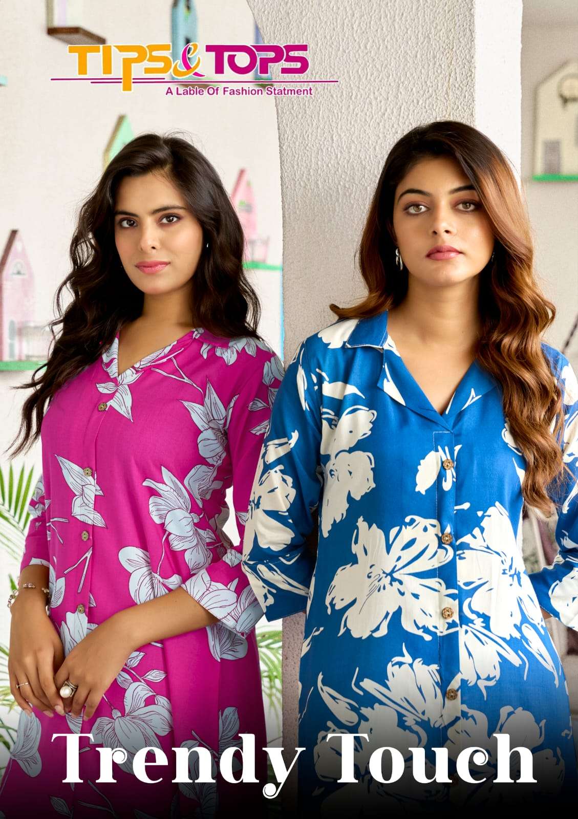 TRENDY TOUCH BY TIPS & TOPS IN RAYON PRINT A LINE COLLAR PATTERN WITH POCKET