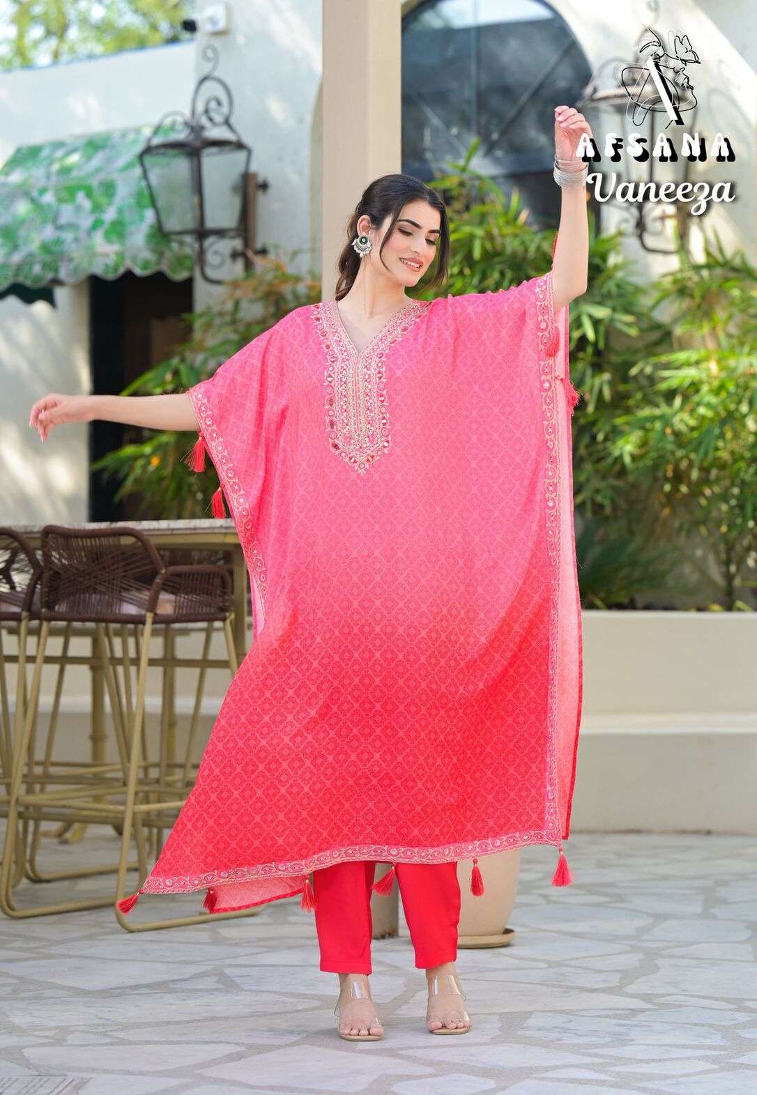 VANEEZA BY AFSANA IN PURE MUSLIN SILK KAFTAN WITH WORK 