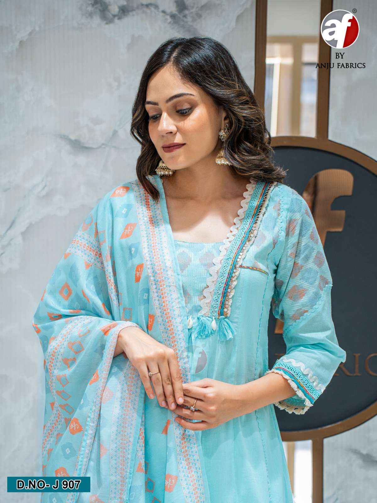 D.NO:- J 907 BY ANJU FABRICS IN PURE COTTON MUL WITH DESIGNER TESSELS & SHELLS 