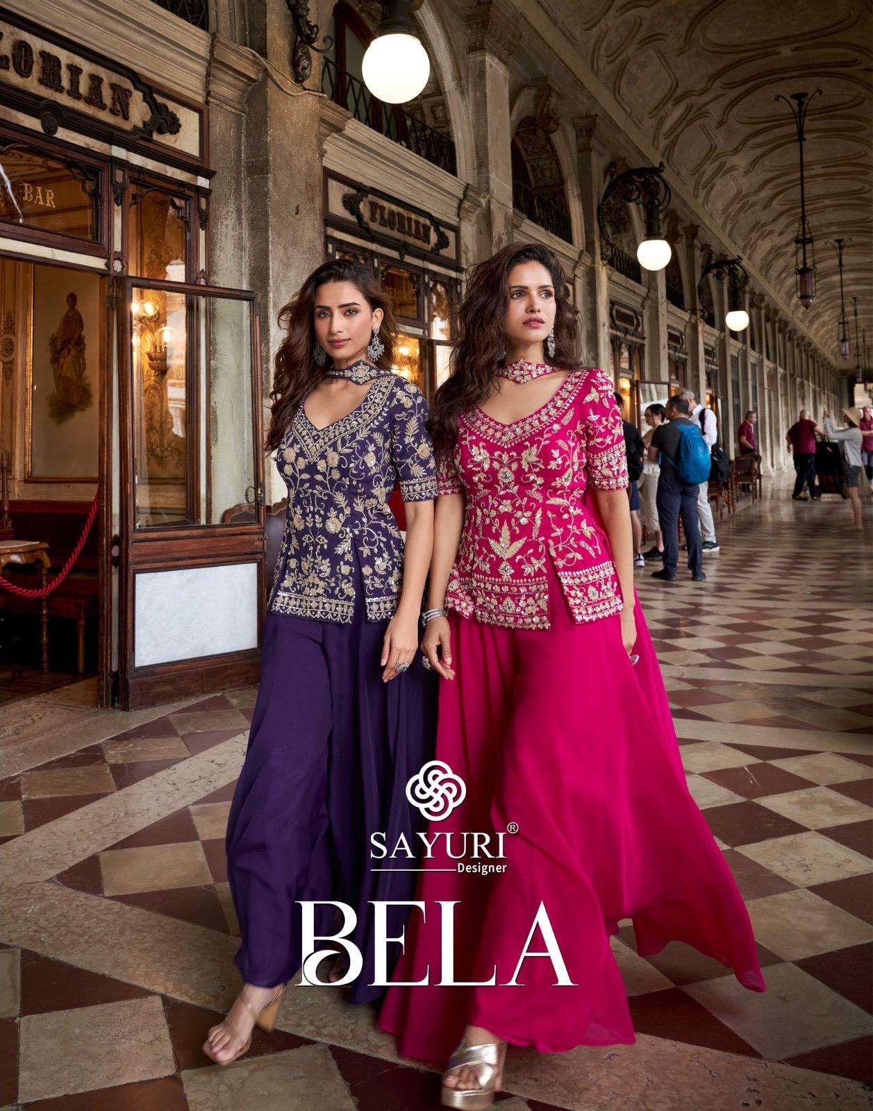 BELA BY SAYURI DESIGNER IN REAL ORGANZA SILK TREDY WEDDING LOOK EMBROIDERED TOP WITH PLAZOO