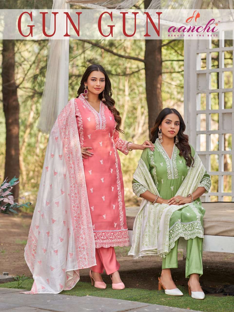 AANCHI BRAND LAUNCHING FANCY CHANDERI PRINTED KURTI SET GUN GUN CATALOG
