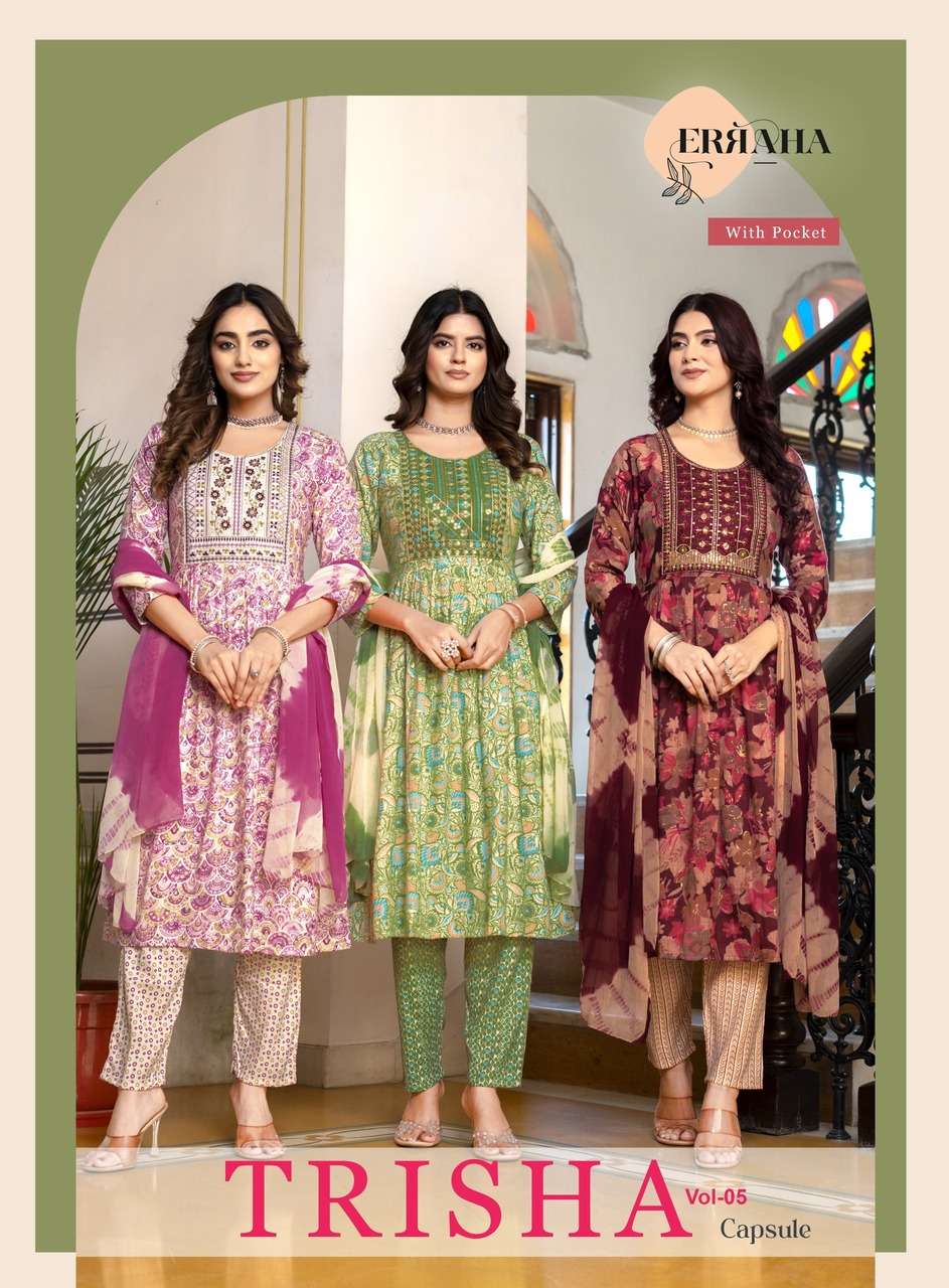 ERRAHA LAUNCHING PREMIUM QUALITY RAYON FABRIC ANARKALI STYLE DRESS TRISHA VOL - 5 CATALOG 