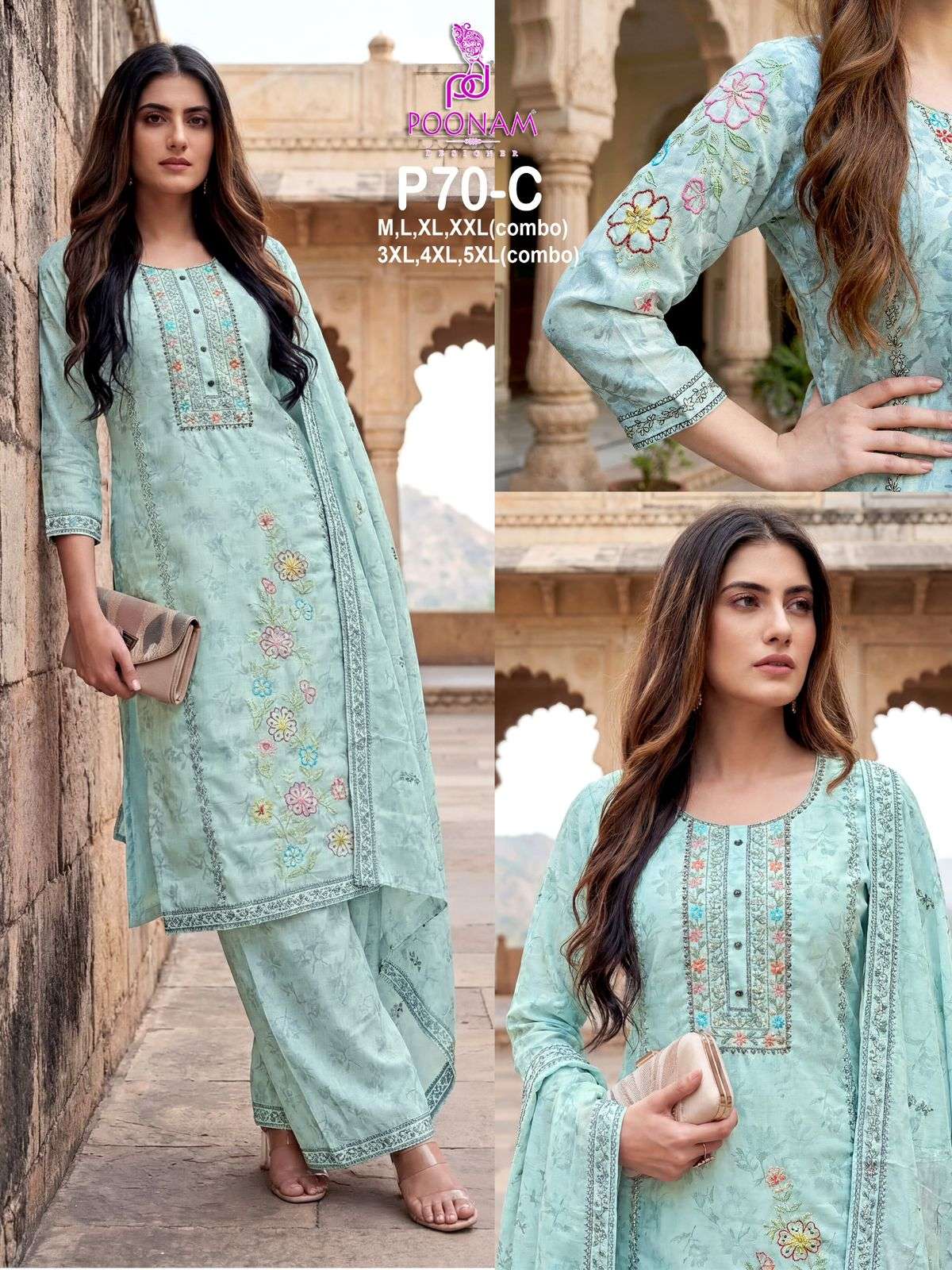 POONAM DESIGNER LAUNCH LINEN FABRIC WITH DIGITAL PRINT AND DESIGNER HANDWORK KURTI SET COLLECTION