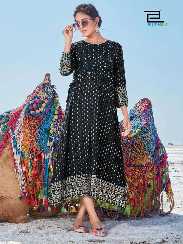 BLUE HILLS DESSERT VOL-1 MIRROR WORK DESIGNER  PRINT KURTI WHOLESALER IN SURAT