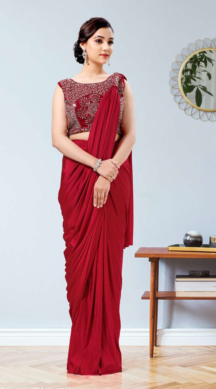 READY TO WEAR IMPOTED LYCRA STICHED SAREE WITH HANDWORK STICH BLOUSE SAREE WHOLESALERSINGLE PCS AVAILABLE