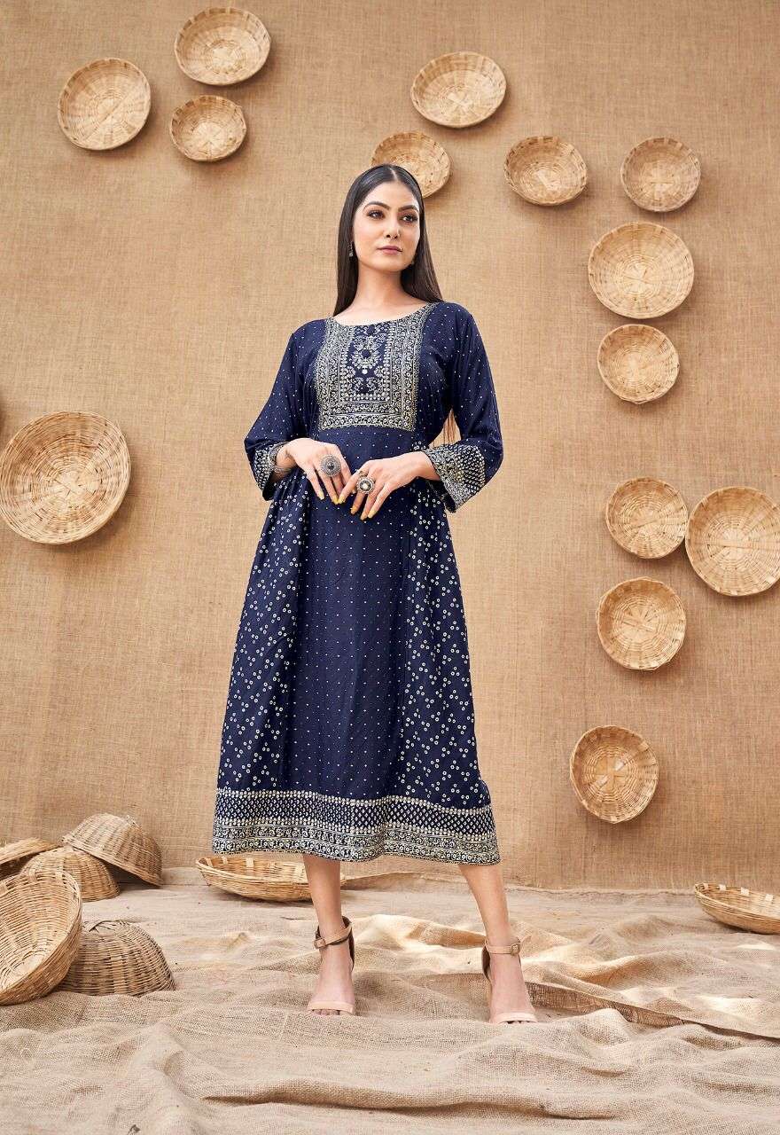 KANAK NX KHUSI REYON FOIL PRINT DESIGNER KURTI