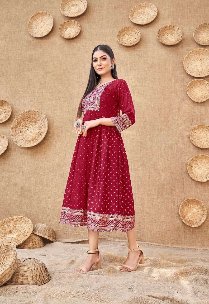 KANAK NX KHUSI REYON FOIL PRINT DESIGNER KURTI