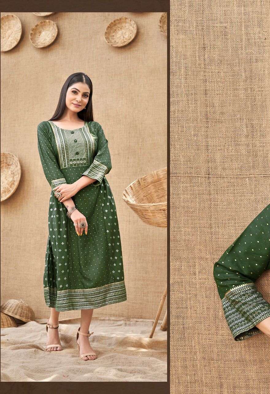 KANAK NX KHUSI REYON FOIL PRINT DESIGNER KURTI
